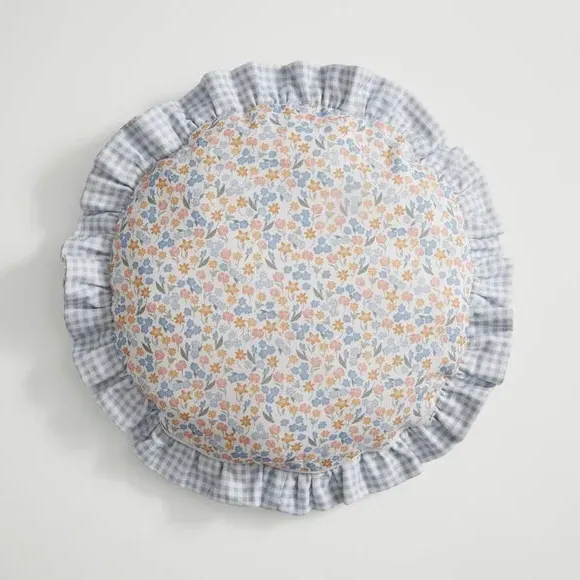 Round Cushion with Ruffle Edge - Blue, Cotton