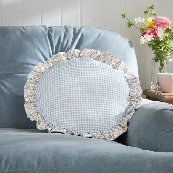 Round Cushion with Ruffle Edge - Blue, Cotton