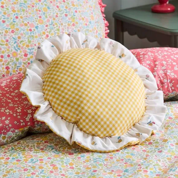 Round Cushion with Ruffle Trim - Yellow, Polyester