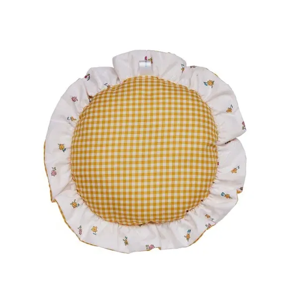 Round Cushion with Ruffle Trim - Yellow, Polyester