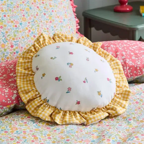 Round Cushion with Ruffle Trim - Yellow, Polyester image