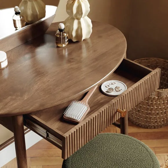 Round Dressing Table with Mirror - Dark Wood