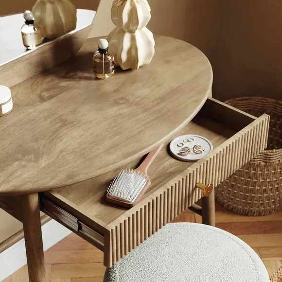 Round Dressing Table with Mirror - White Wood