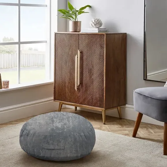 Round Floor Cushion with Handle - Silver, Velvet