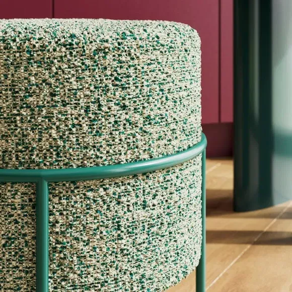 Round Footstool Metal Frame - Emerald, Boucle