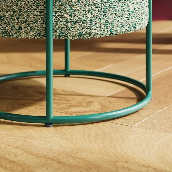 Round Footstool Metal Frame - Emerald, Boucle