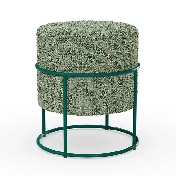 Round Footstool Metal Frame - Emerald, Boucle