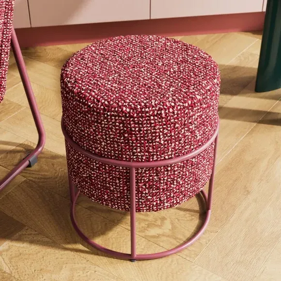 Round Footstool with Metal Frame - Burgundy, Sherpa