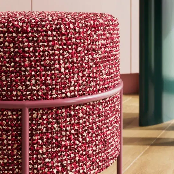 Round Footstool with Metal Frame - Burgundy, Sherpa