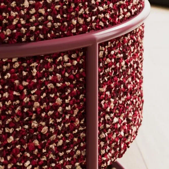 Round Footstool with Metal Frame - Burgundy, Sherpa