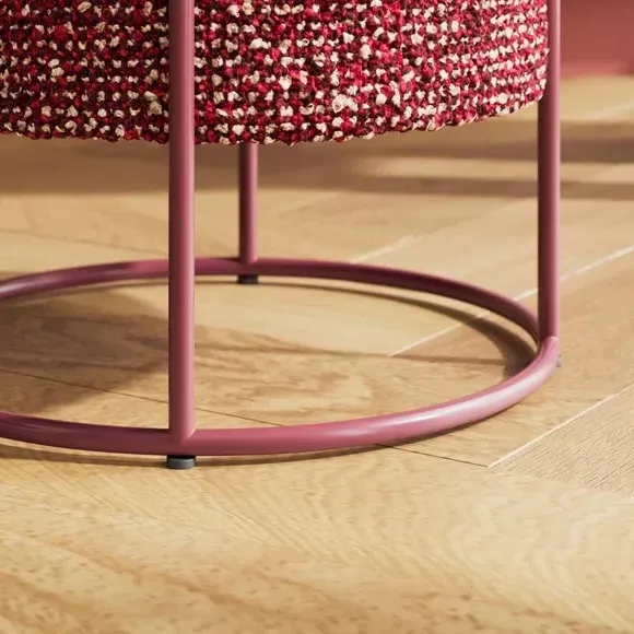 Round Footstool with Metal Frame - Burgundy, Sherpa