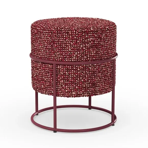 Round Footstool with Metal Frame - Burgundy, Sherpa