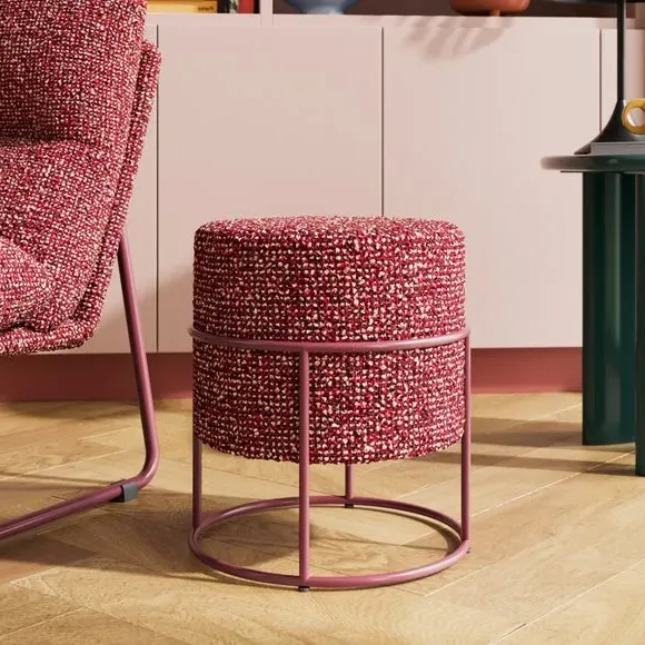 Round Footstool with Metal Frame - Burgundy, Sherpa image