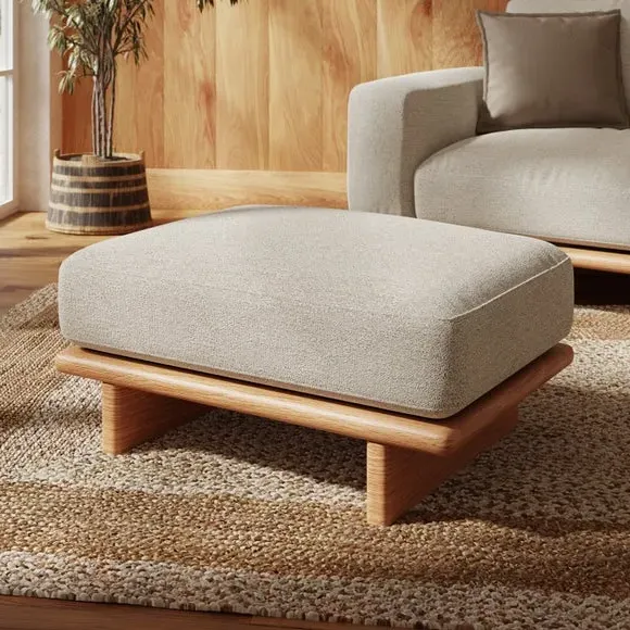 Round Footstool with Oak Legs - Natural, Boucle