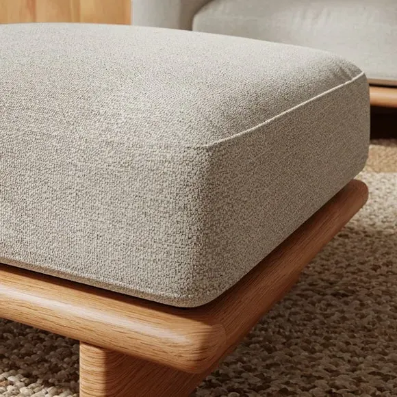 Round Footstool with Oak Legs - Natural, Boucle