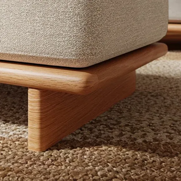 Round Footstool with Oak Legs - Natural, Boucle