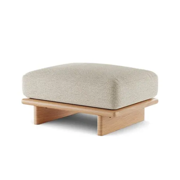 Round Footstool with Oak Legs - Natural, Boucle