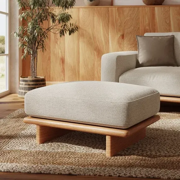 Round Footstool with Oak Legs - Natural, Boucle image