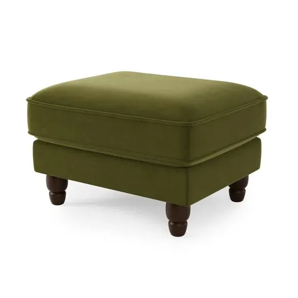 Round Footstool with Piped Edge - Olive, Velvet