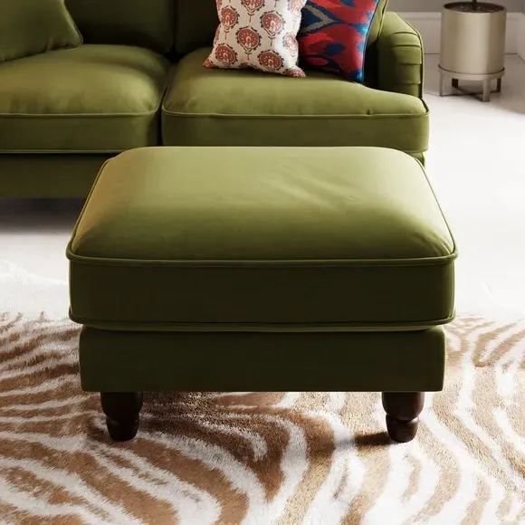 Round Footstool with Piped Edge - Olive, Velvet