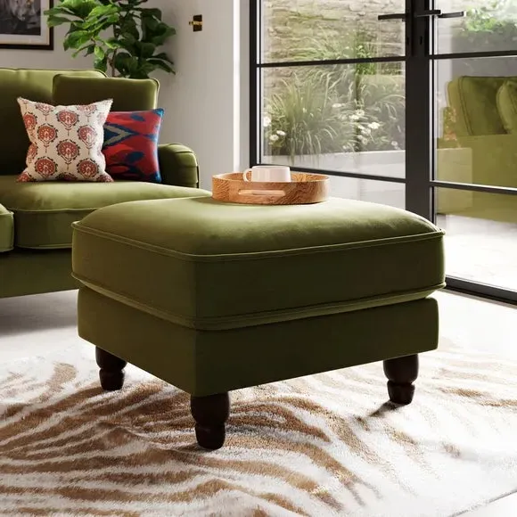 Round Footstool with Piped Edge - Olive, Velvet image