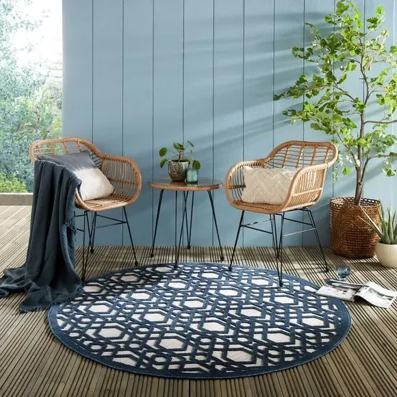 Round Geometric Rug Indoor Outdoor - Blue image