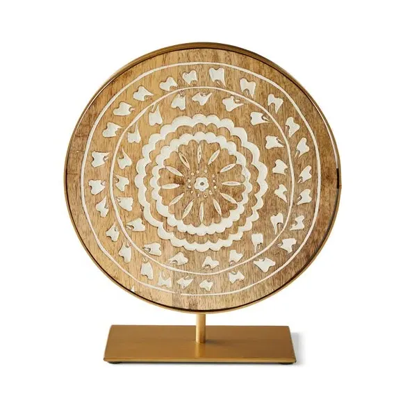 Round Ornament with Etched Design - Natural, Mango Wood