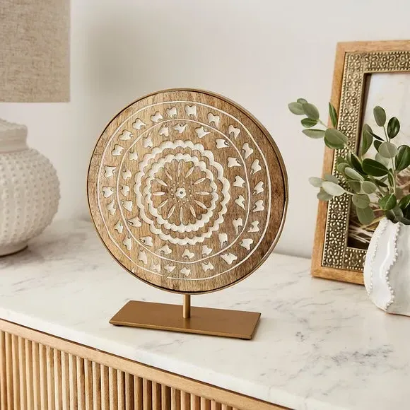 Round Ornament with Etched Design - Natural, Mango Wood image