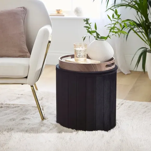 Round Ottoman with Tray - Black, Velvet