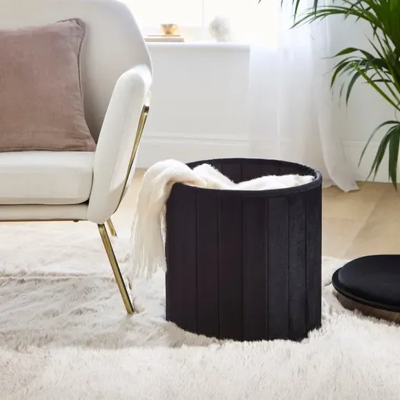 Round Ottoman with Tray - Black, Velvet image