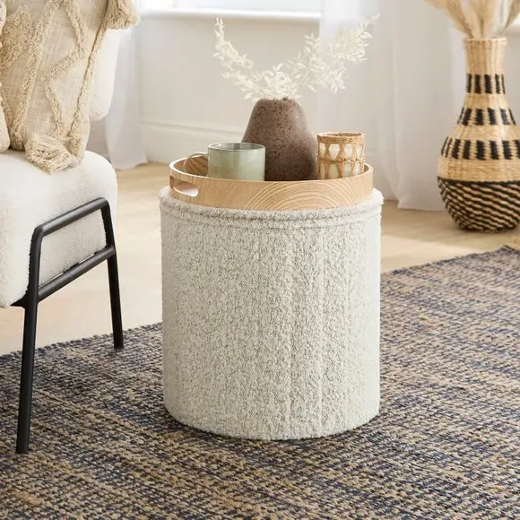 Round Ottoman with Tray - Cream, Boucle