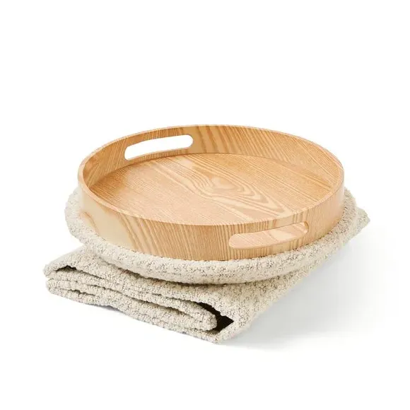 Round Ottoman with Tray - Cream, Boucle