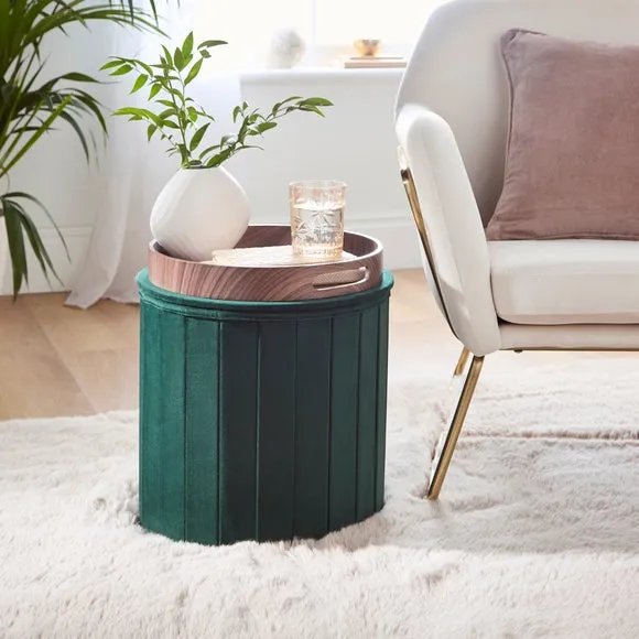 Round Ottoman with Tray - Green, Velvet