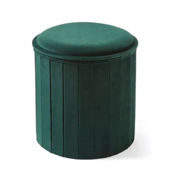 Round Ottoman with Tray - Green, Velvet