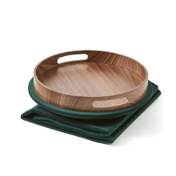 Round Ottoman with Tray - Green, Velvet