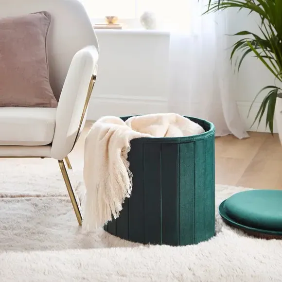 Round Ottoman with Tray - Green, Velvet