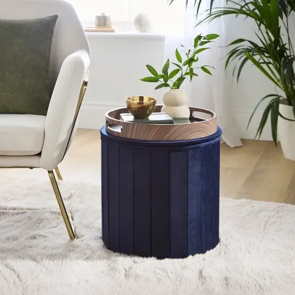 Round Ottoman with Tray - Navy, Velvet