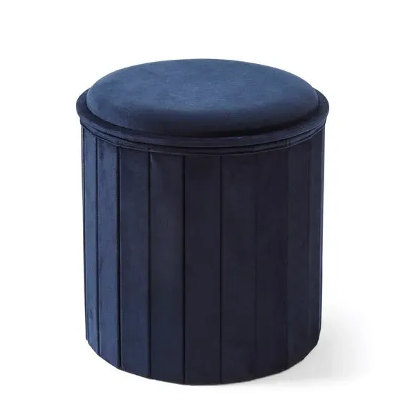 Round Ottoman with Tray - Navy, Velvet