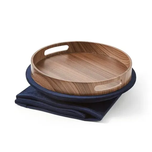 Round Ottoman with Tray - Navy, Velvet