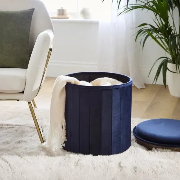 Round Ottoman with Tray - Navy, Velvet