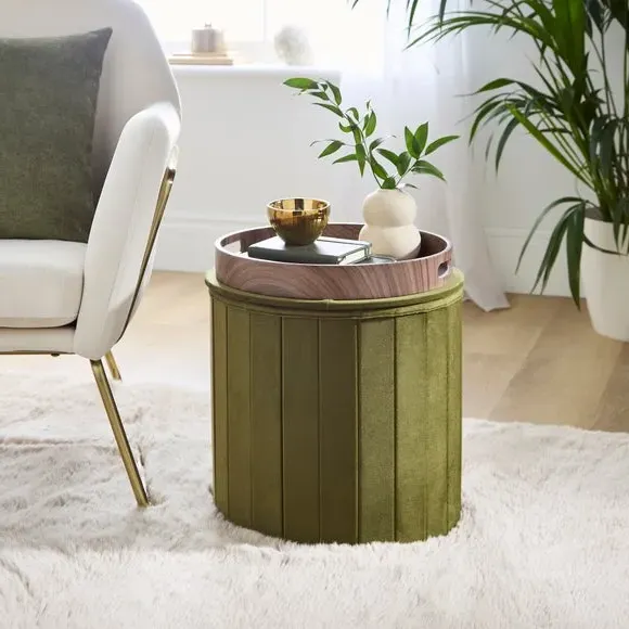 Round Ottoman with Tray - Olive, Velvet
