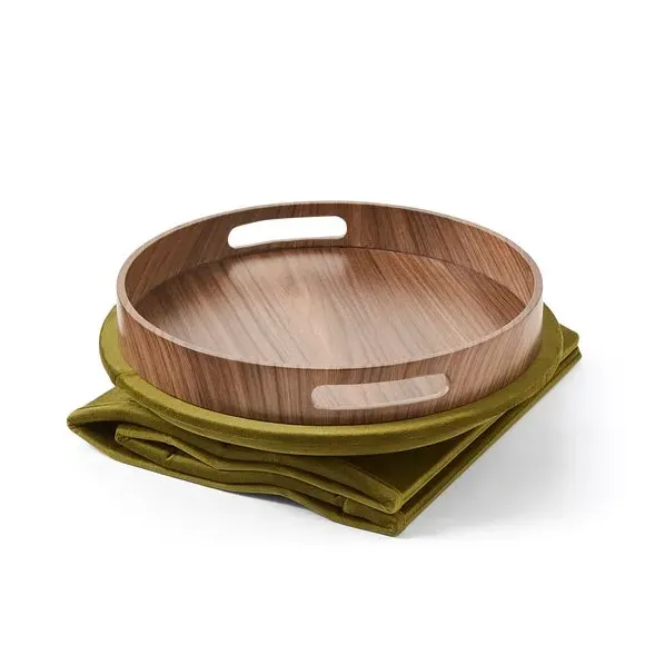 Round Ottoman with Tray - Olive, Velvet
