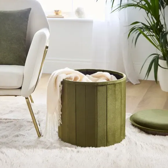 Round Ottoman with Tray - Olive, Velvet