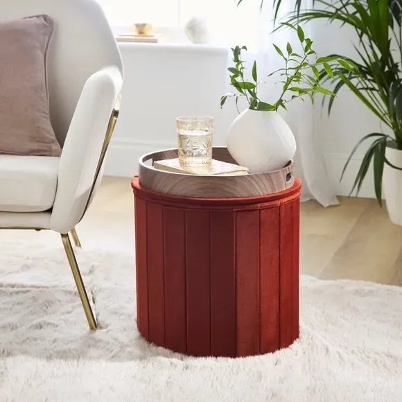 Round Ottoman with Tray - Orange, Velvet