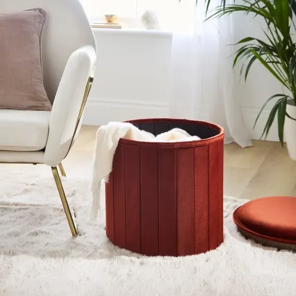 Round Ottoman with Tray - Orange, Velvet
