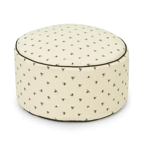 Round Pouffe with Bee Print - Natural, Cotton