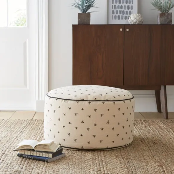 Round Pouffe with Bee Print - Natural, Cotton