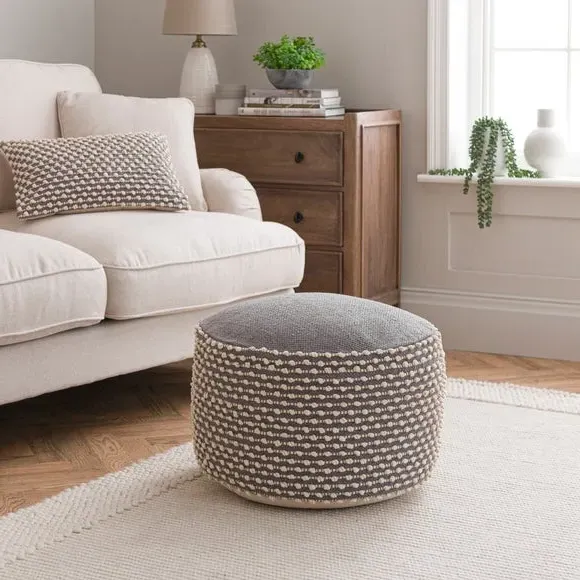 Round Pouffe with Bobble Texture - Grey