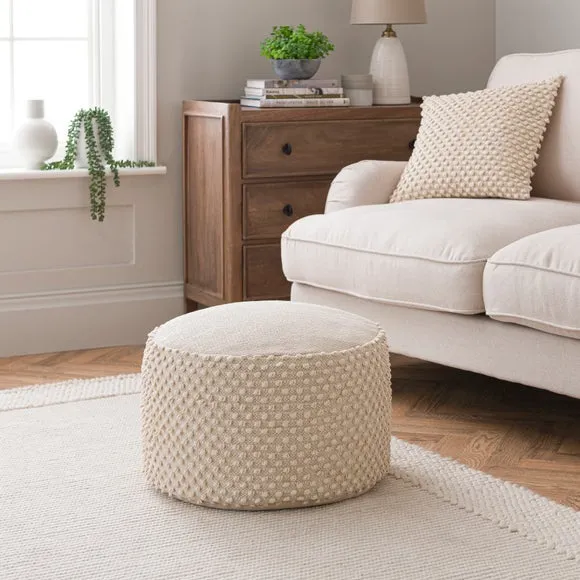 Round Pouffe with Bobble Texture - Natural