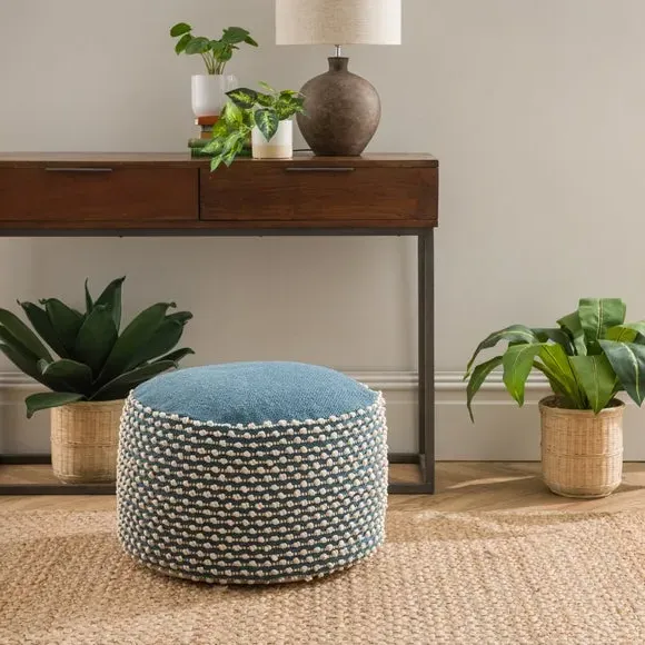 Round Pouffe with Bobble Texture - Pacific Blue